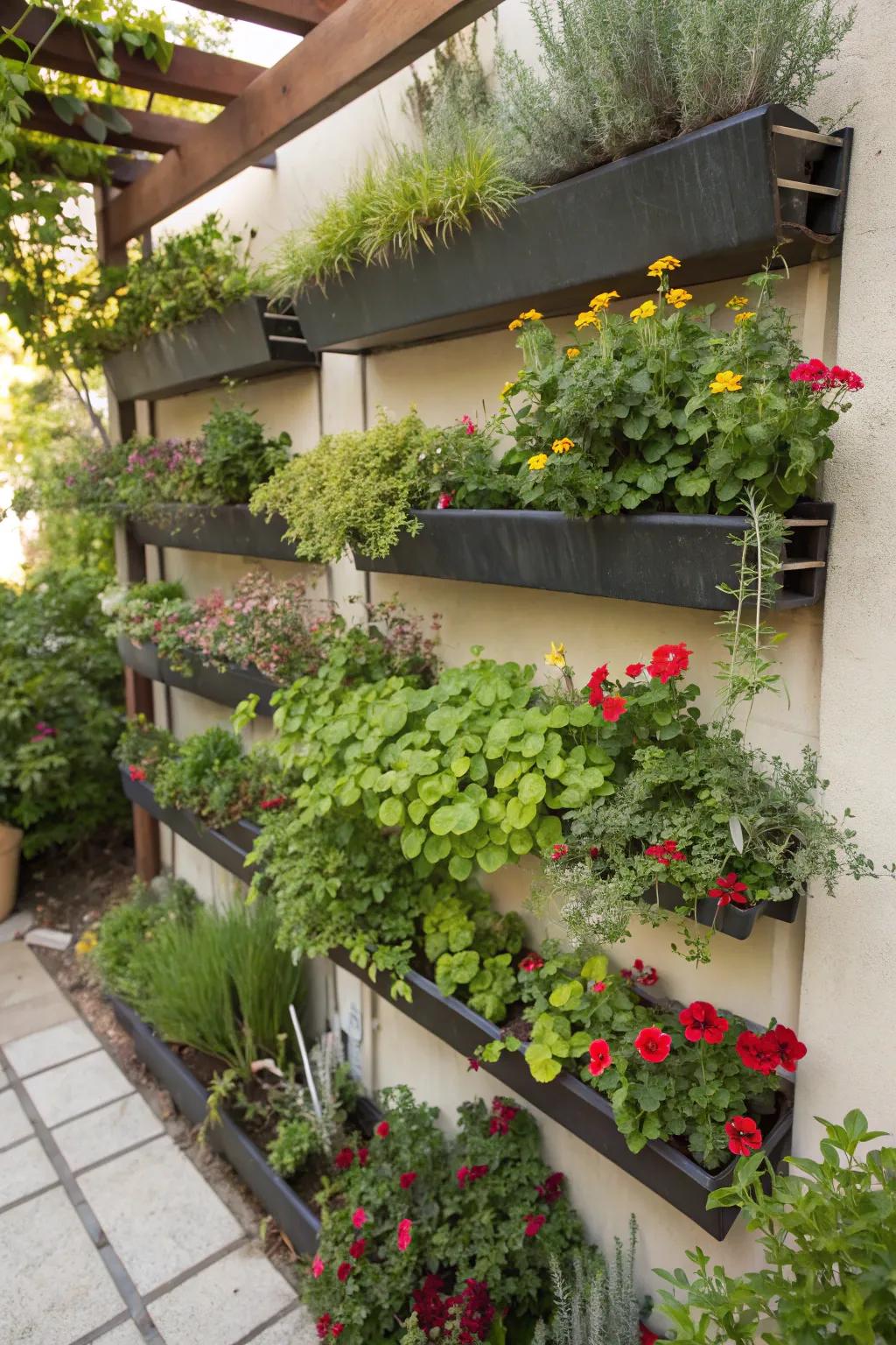 Vertical gardening maximizes space and adds greenery.