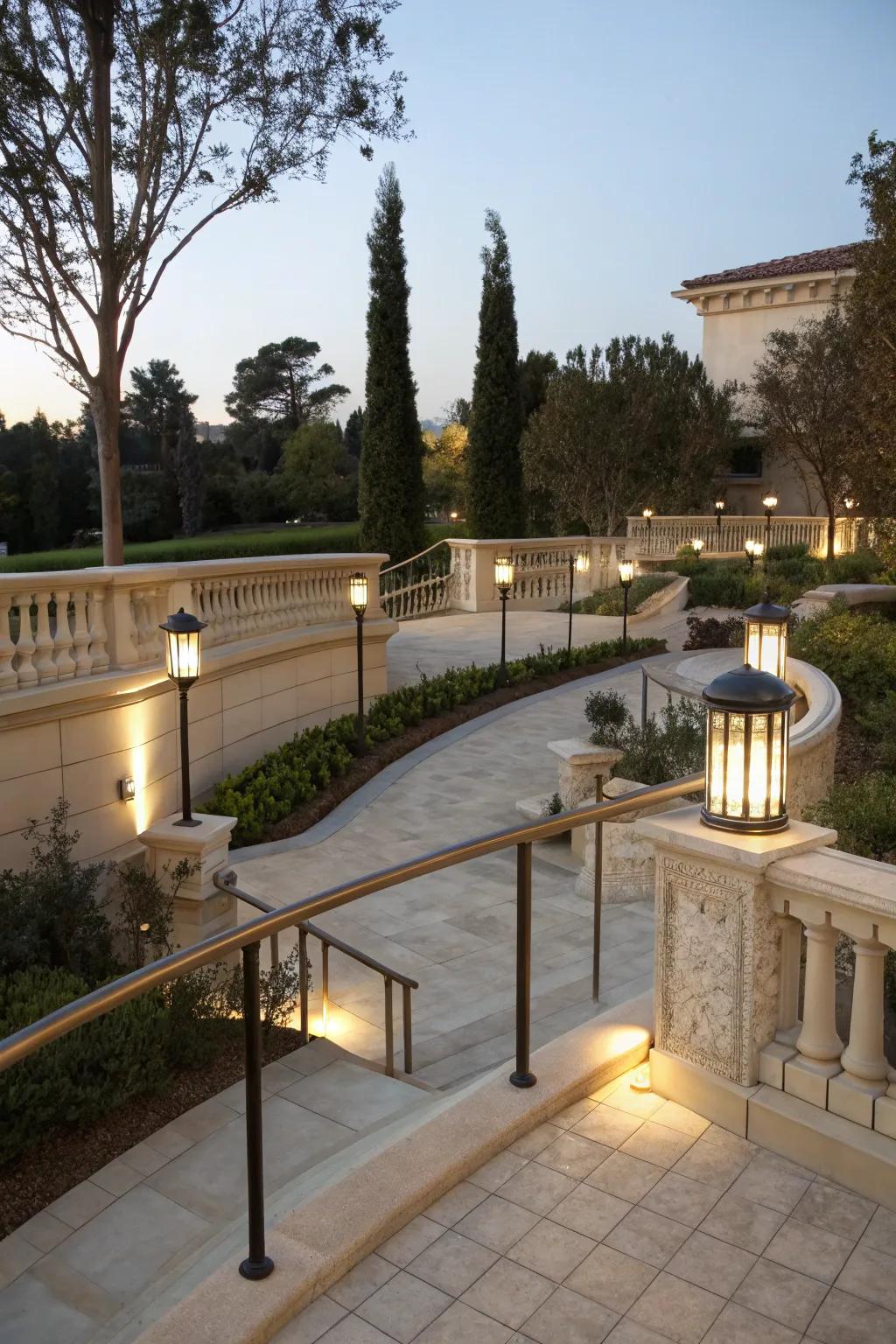 Rail lighting adds understated elegance to the courtyard.