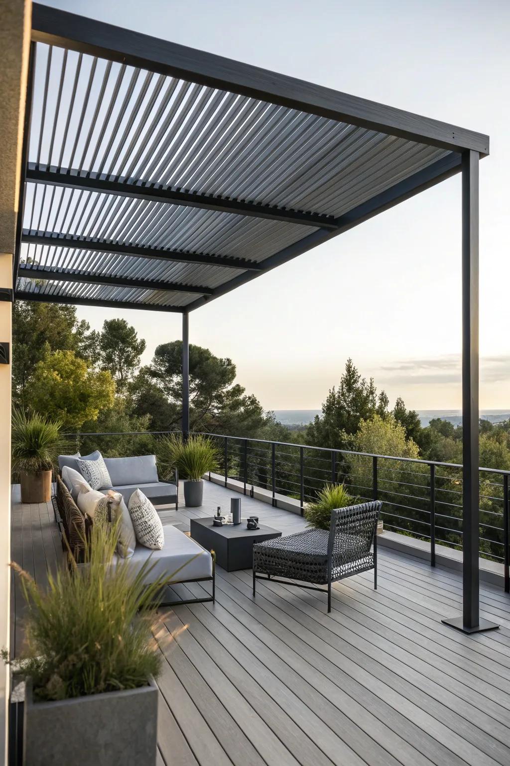 A minimalist metal canopy adds modern elegance and functionality to your deck.