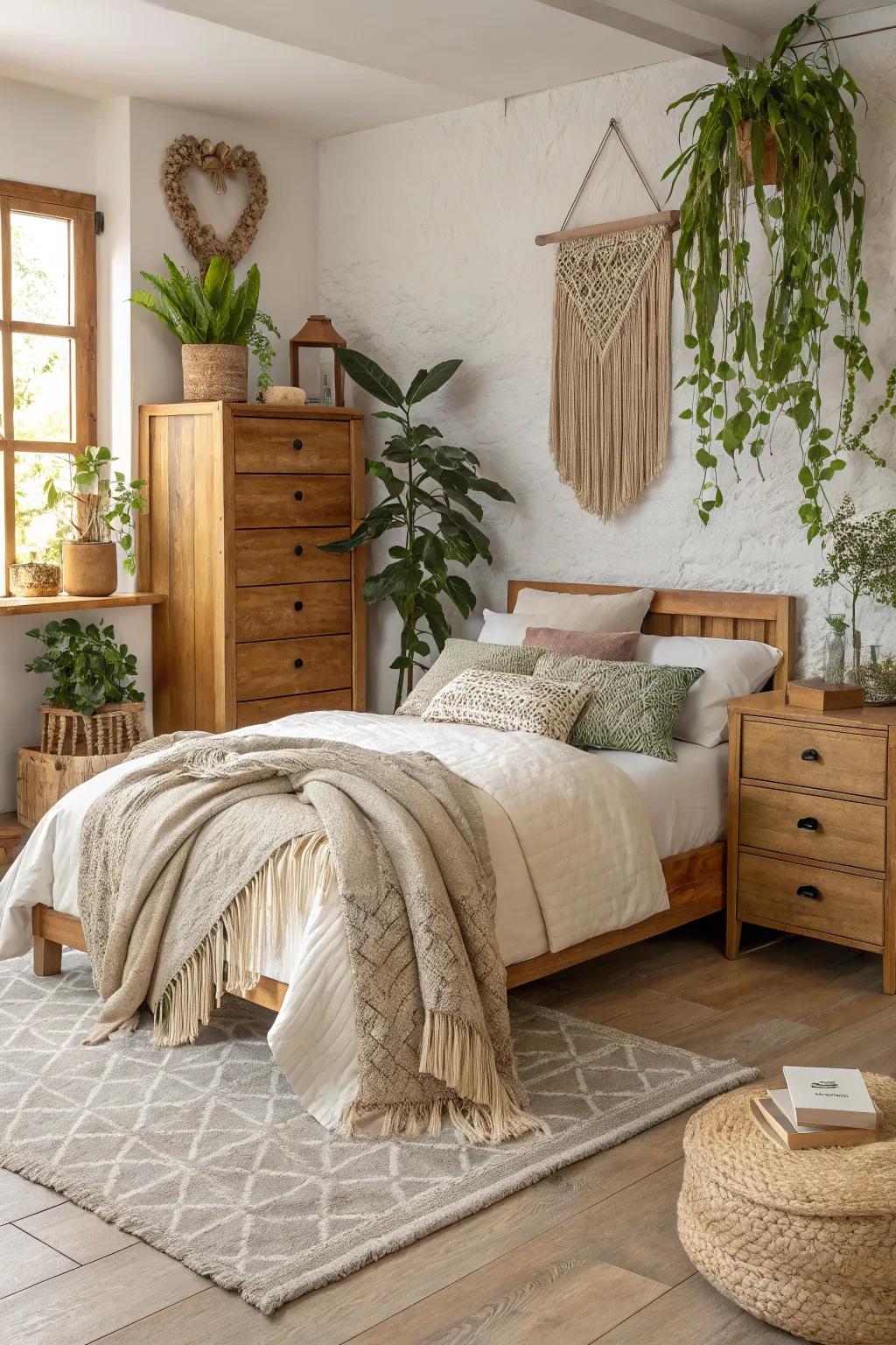 A bedroom embracing natural materials and layered textures.