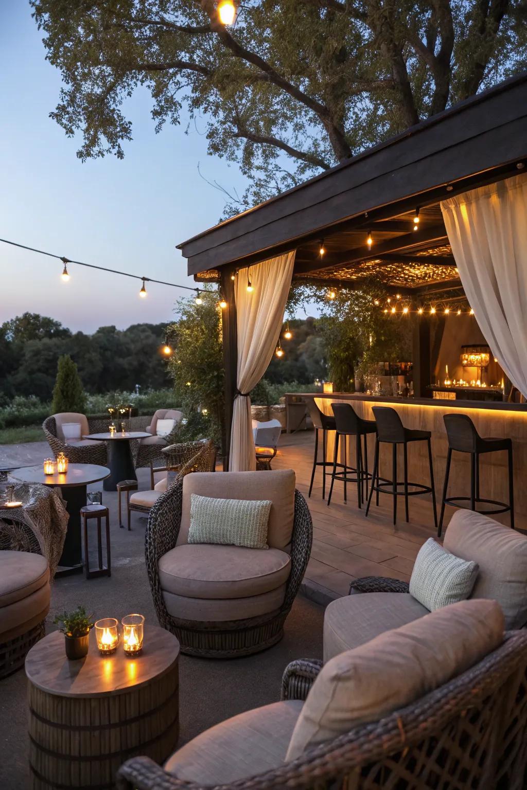 A corner nook transformed into a cozy outdoor bar.