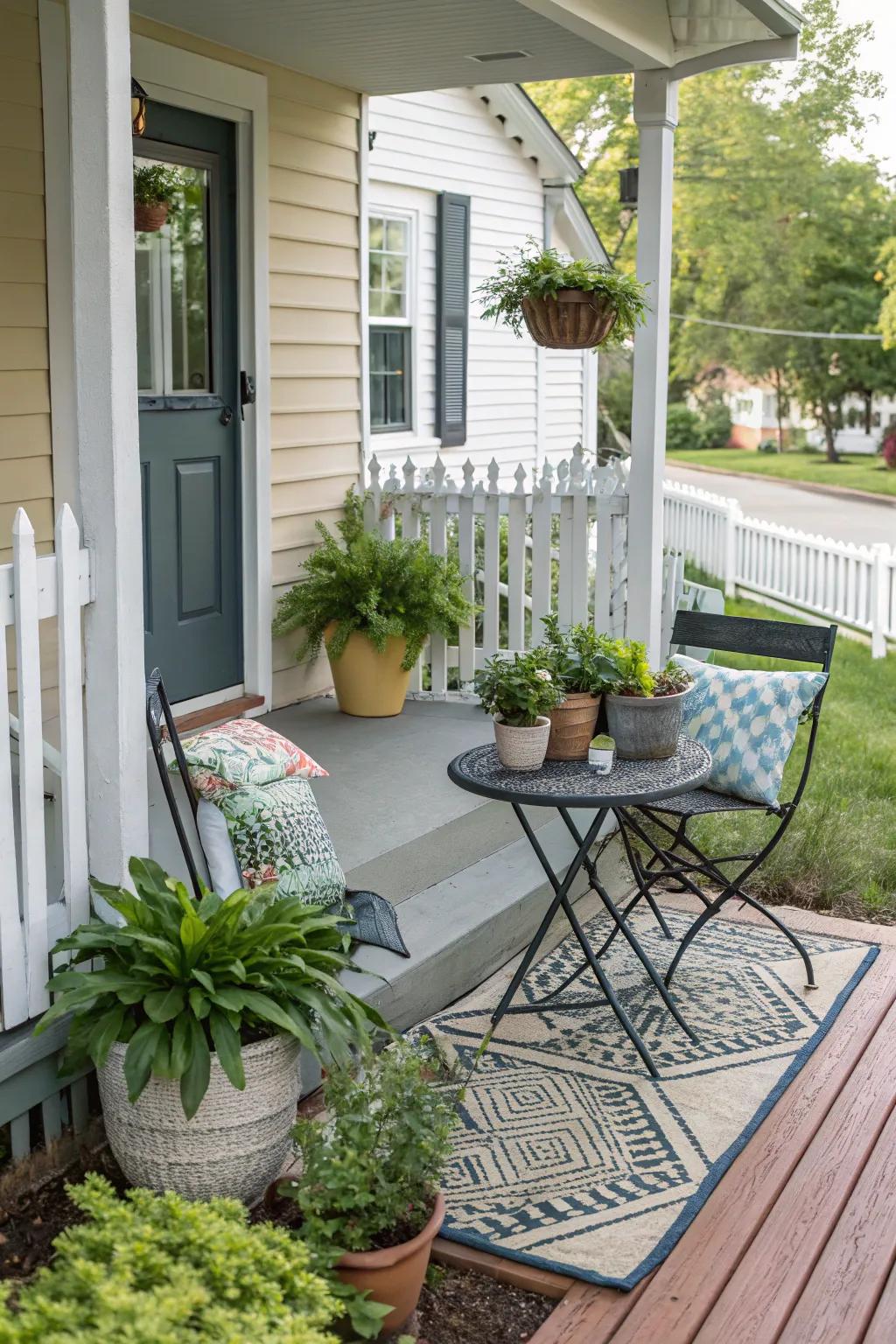 A compact bistro set provides a cozy spot for relaxation on your porch.