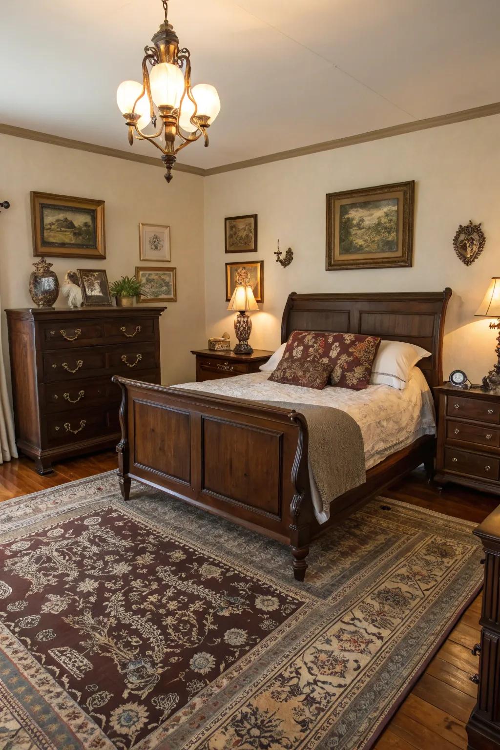 Vintage finds enrich dark brown settings with history and style.
