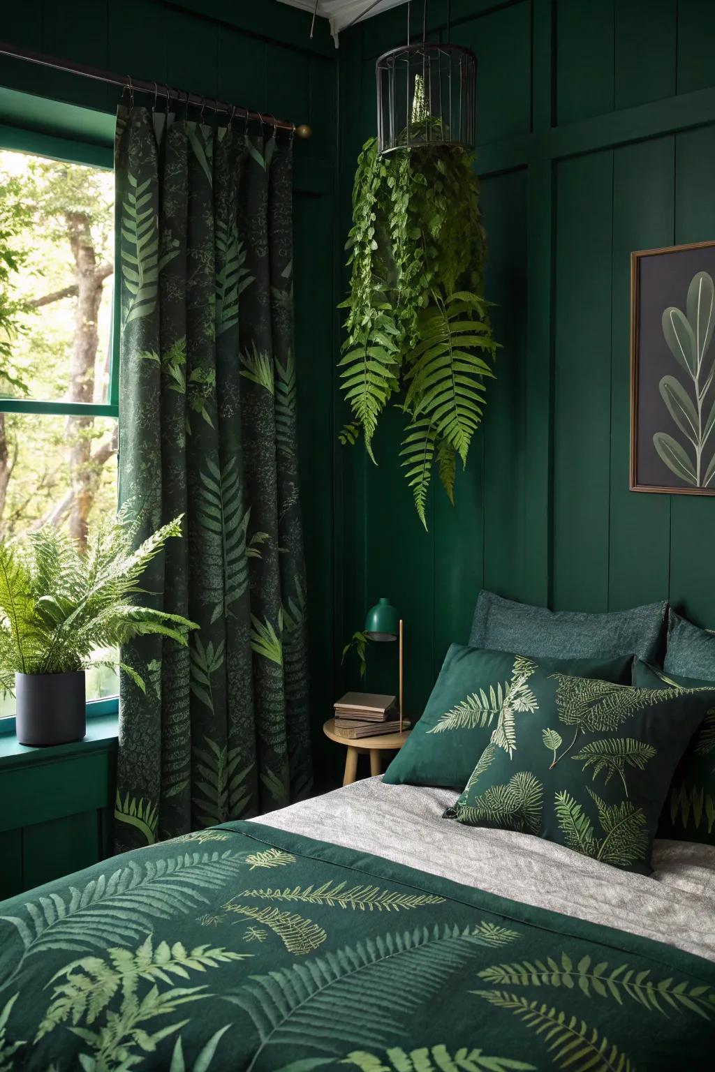 A dark green bedroom with fern-inspired decor creating a serene atmosphere.