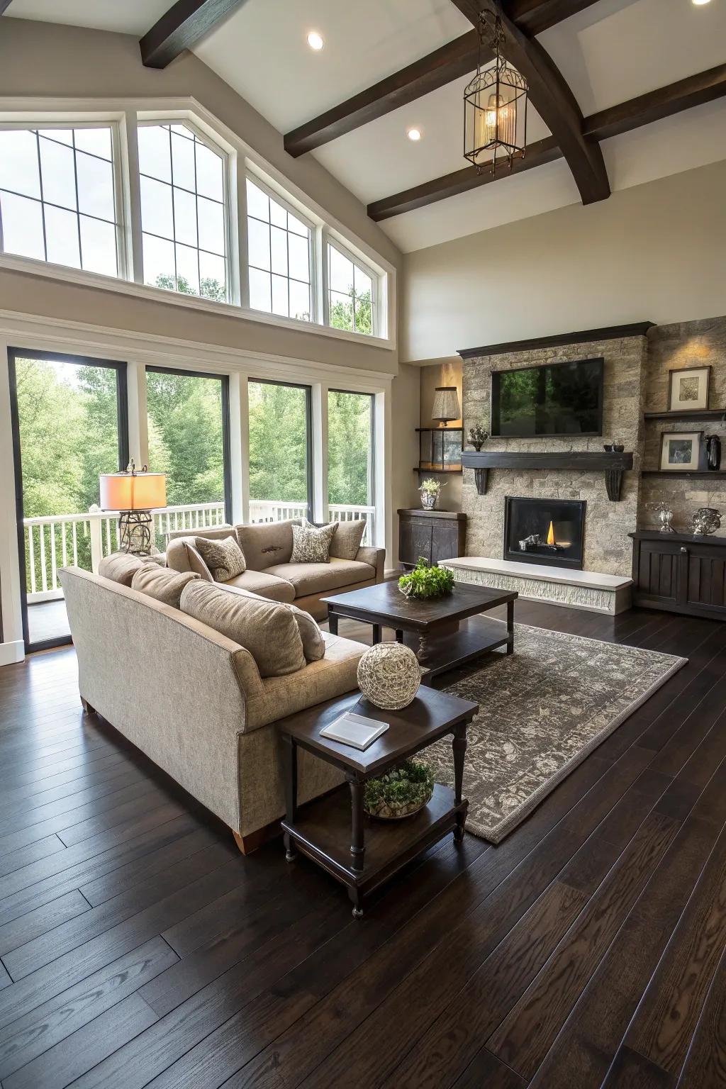 An open layout showcases the elegance of dark wood floors.