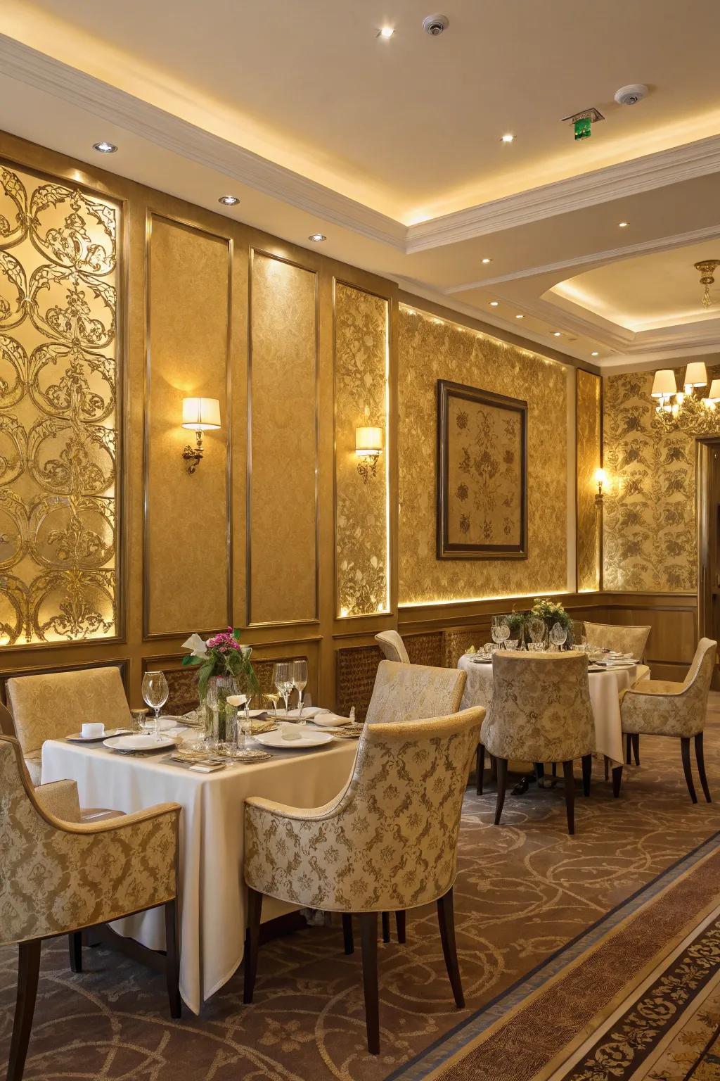 An opulent dining room glowing with luxurious golden hues.