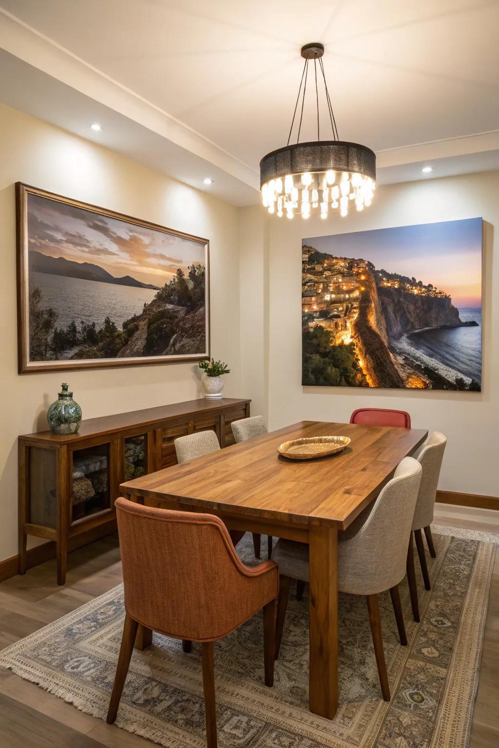 A dynamic photo makes a striking statement in the dining room.