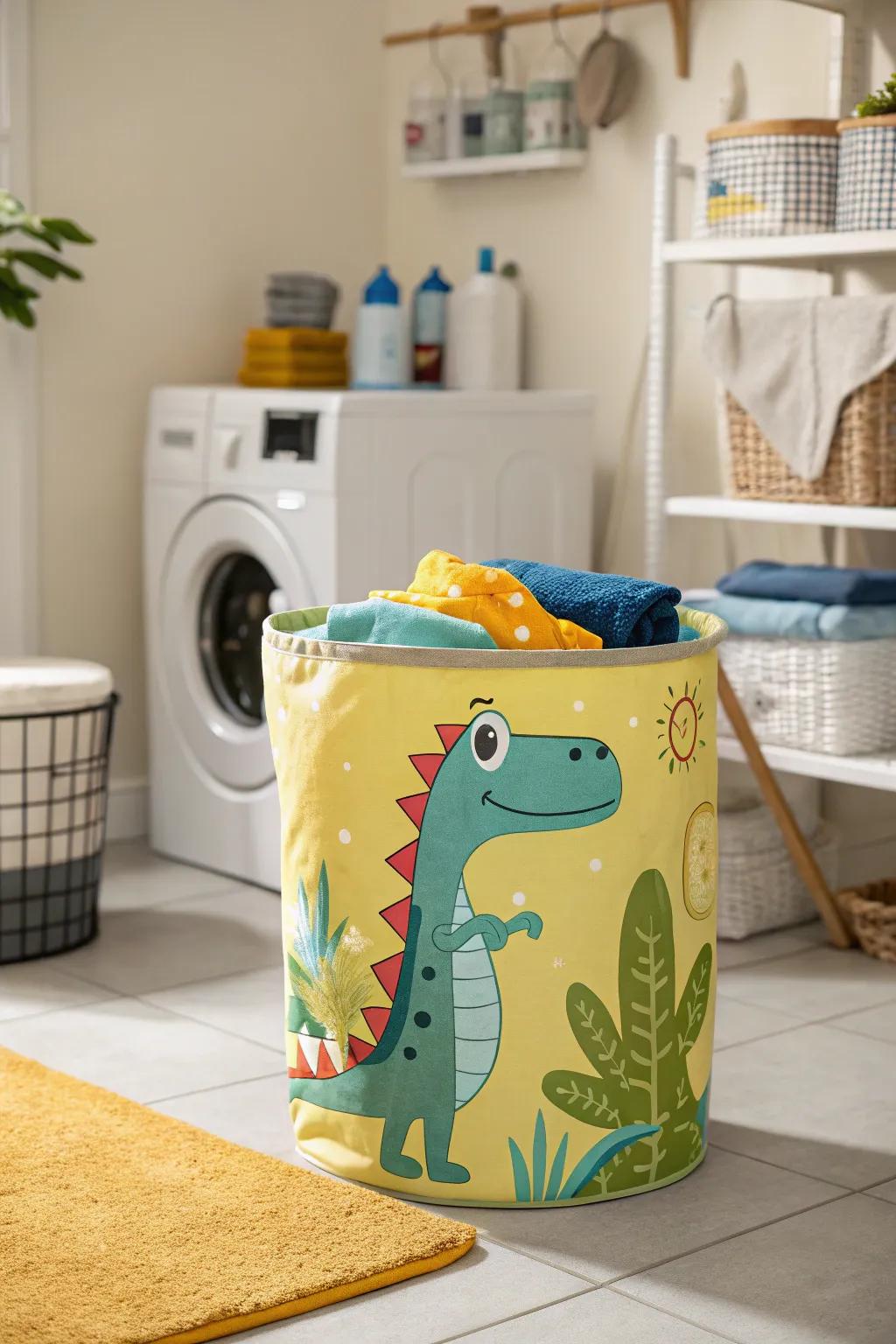 A dinosaur-themed laundry hamper bringing fun to chores.