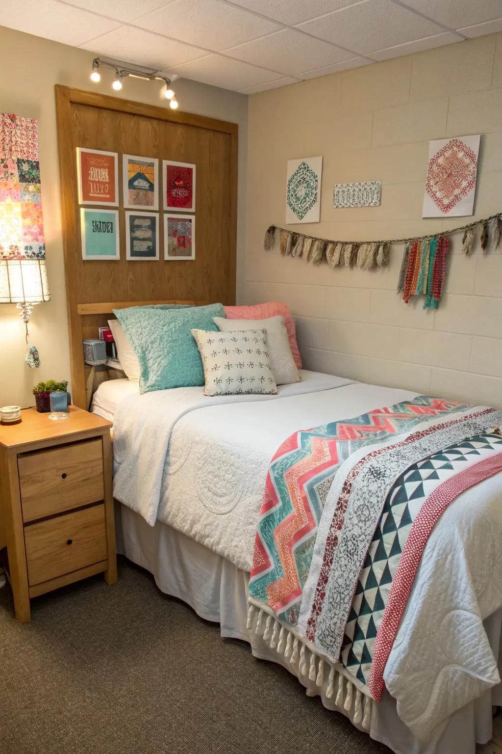 Comfortable bedding accessories in a dorm room, enhancing style and comfort.