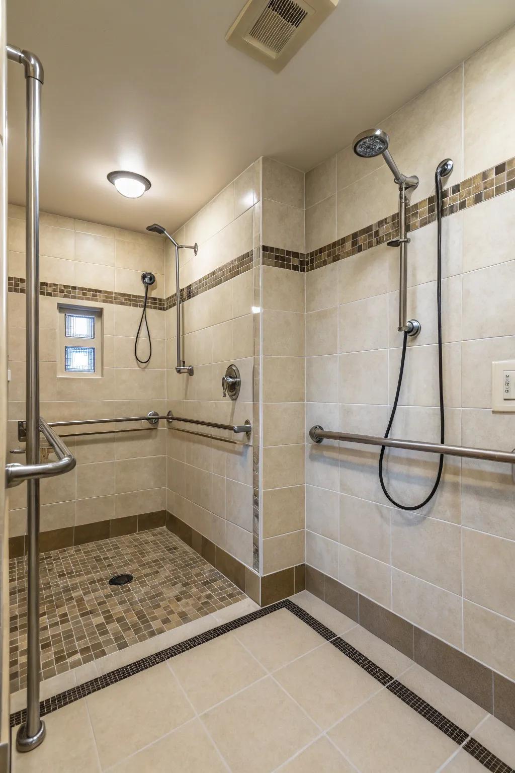 Design a safe and accessible double shower for all users.