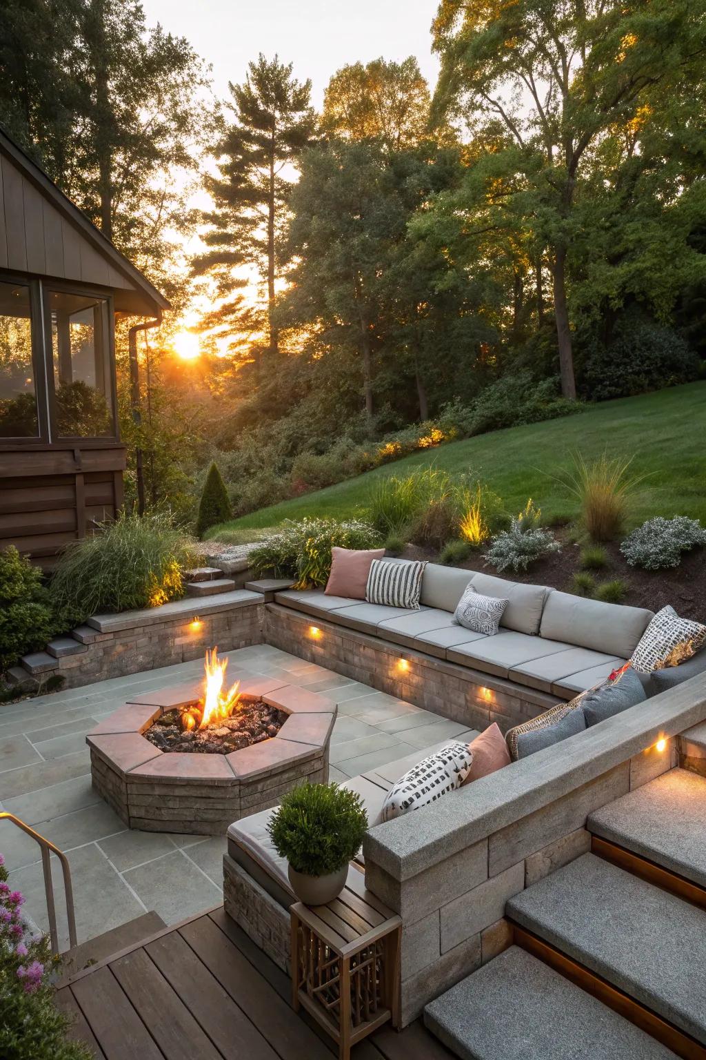 A sunken lounge creates an intimate and cozy space on a sloped yard.