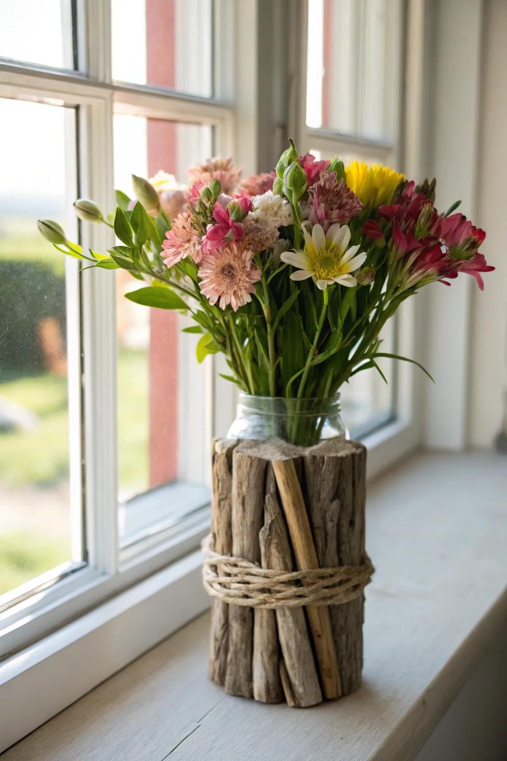 Add a rustic touch to your floral displays with a driftwood vase.