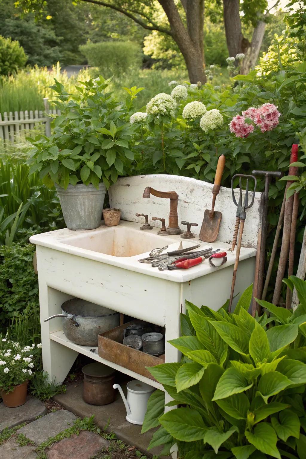 A practical garden tool organizer made from a dry sink.