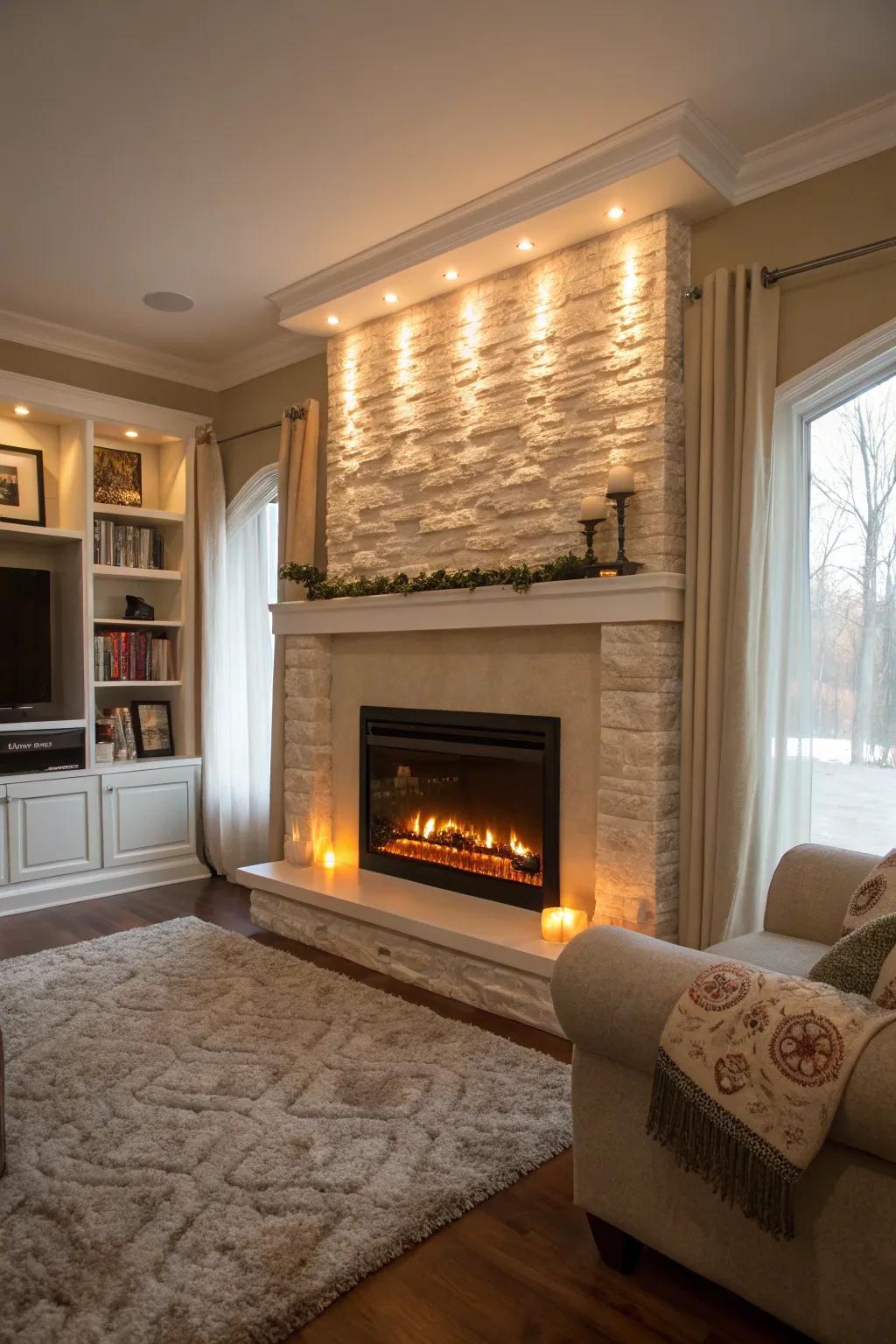 LED lights accentuate the features of a drywall fireplace.