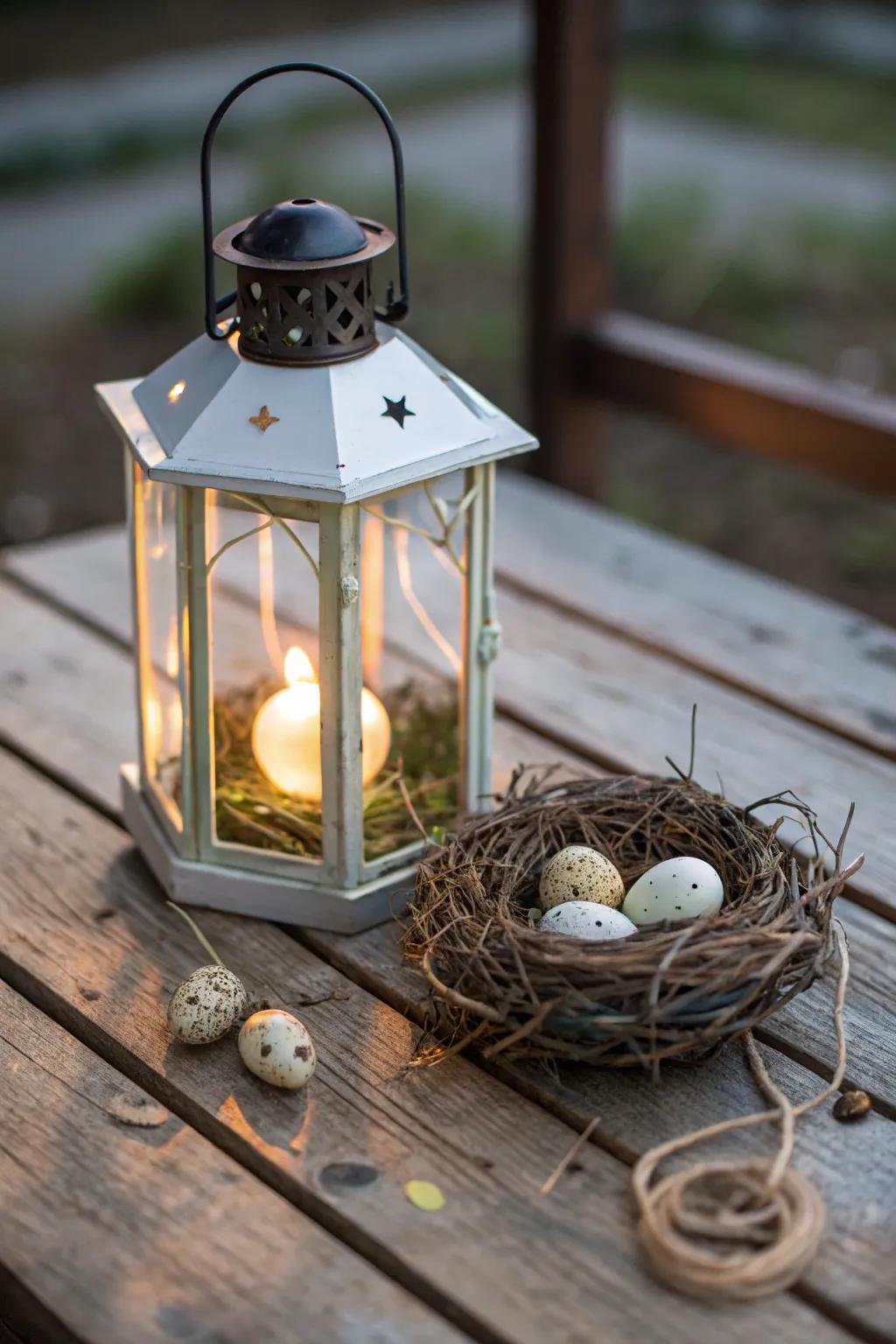 A bird's nest adds a whimsical, springtime touch to your lantern.