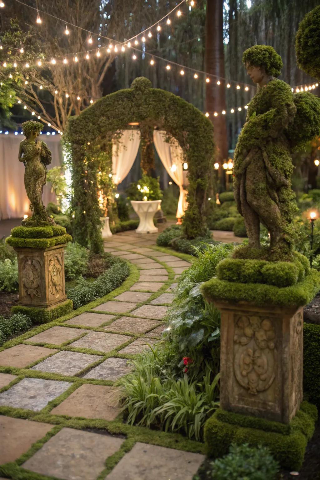 Moss-covered decor blends seamlessly with nature.