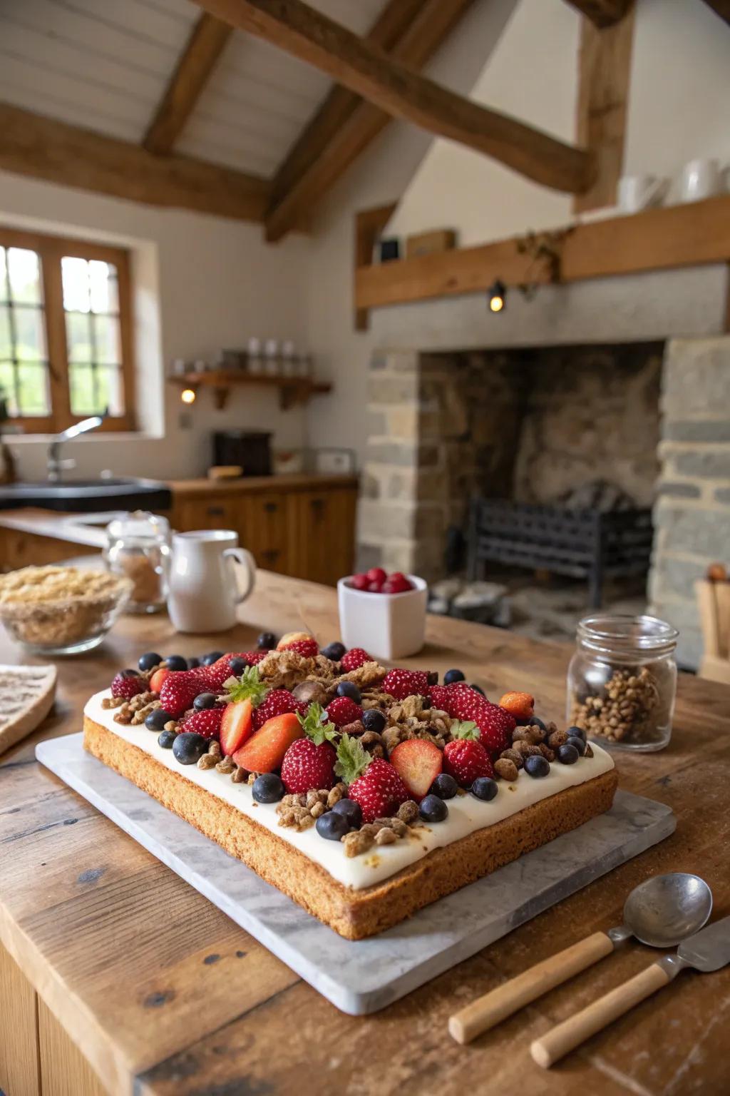 A fruit and nut engagement sheet cake with natural decorations.