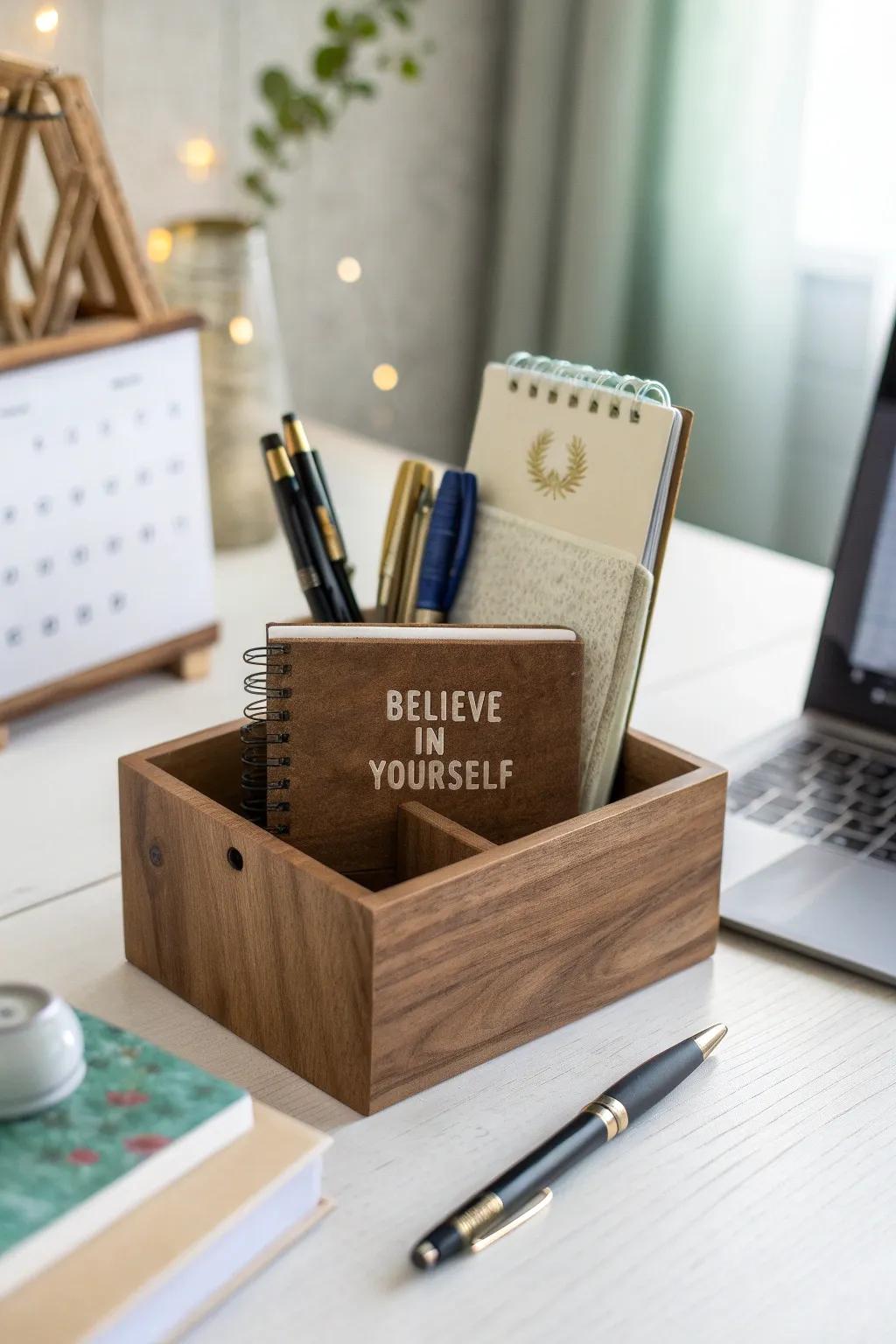 An engraved desk organizer combines practicality with inspiration for your workspace.
