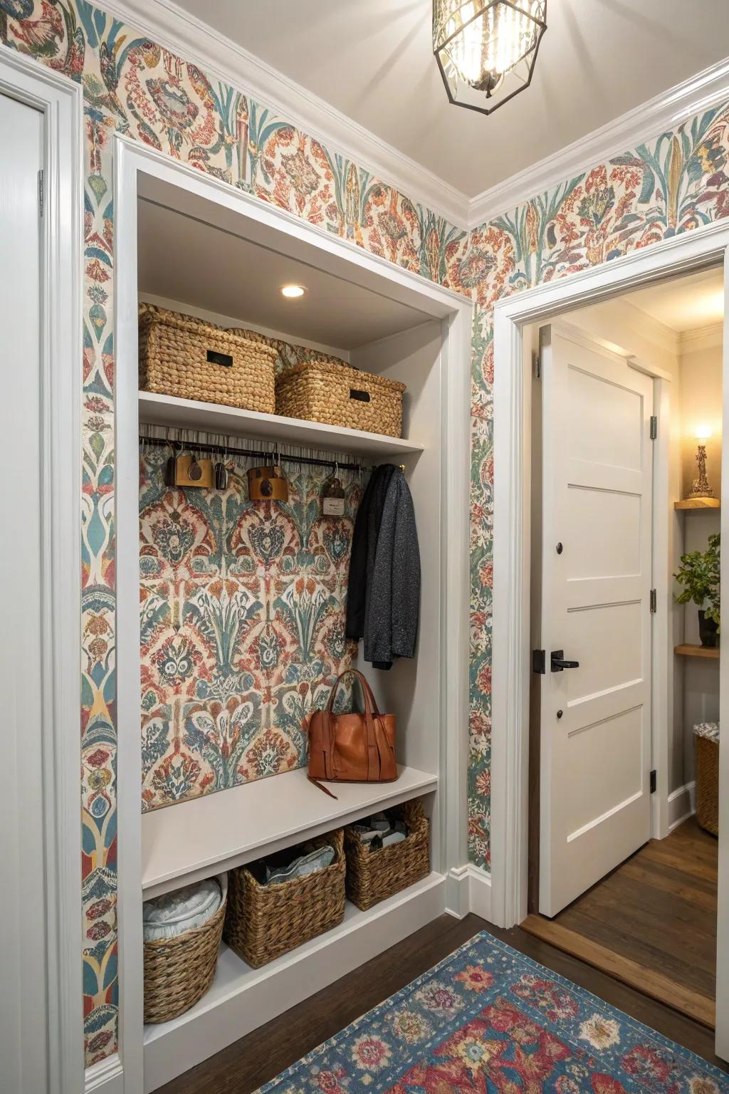 Patterned wallpaper adds a playful and unique touch.