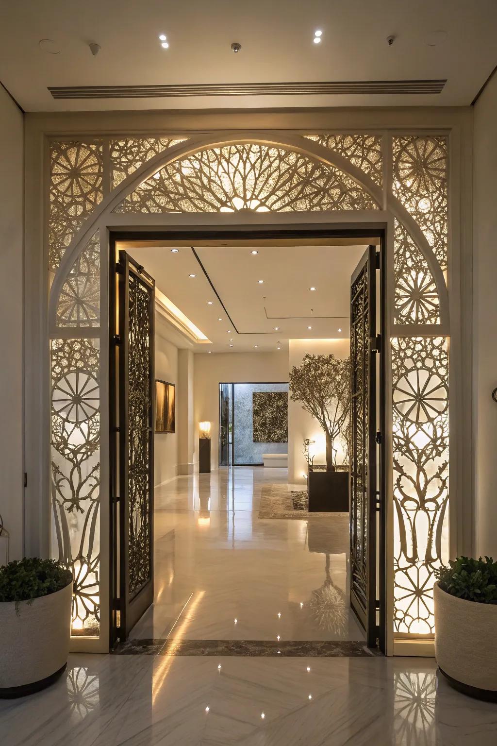 An entryway with an artistic light installation creating a gallery-like atmosphere.