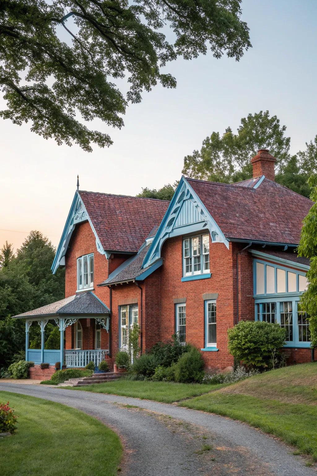 Pale blue and red brick for a serene sanctuary.