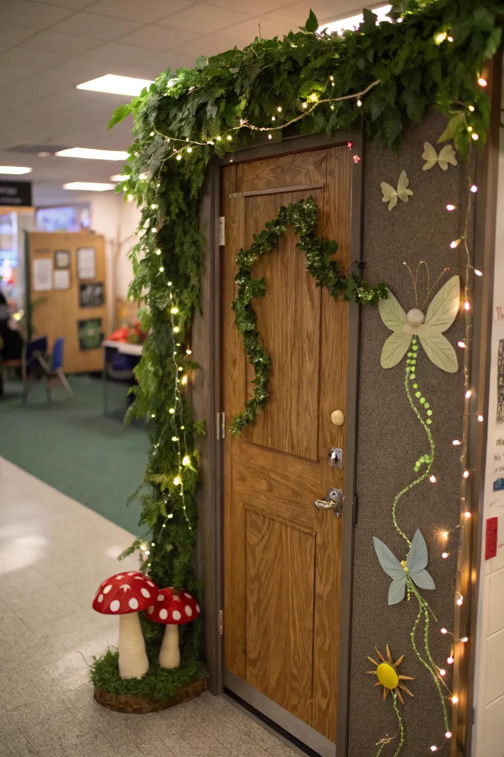 Enchanted forest door decor with whimsical touches.