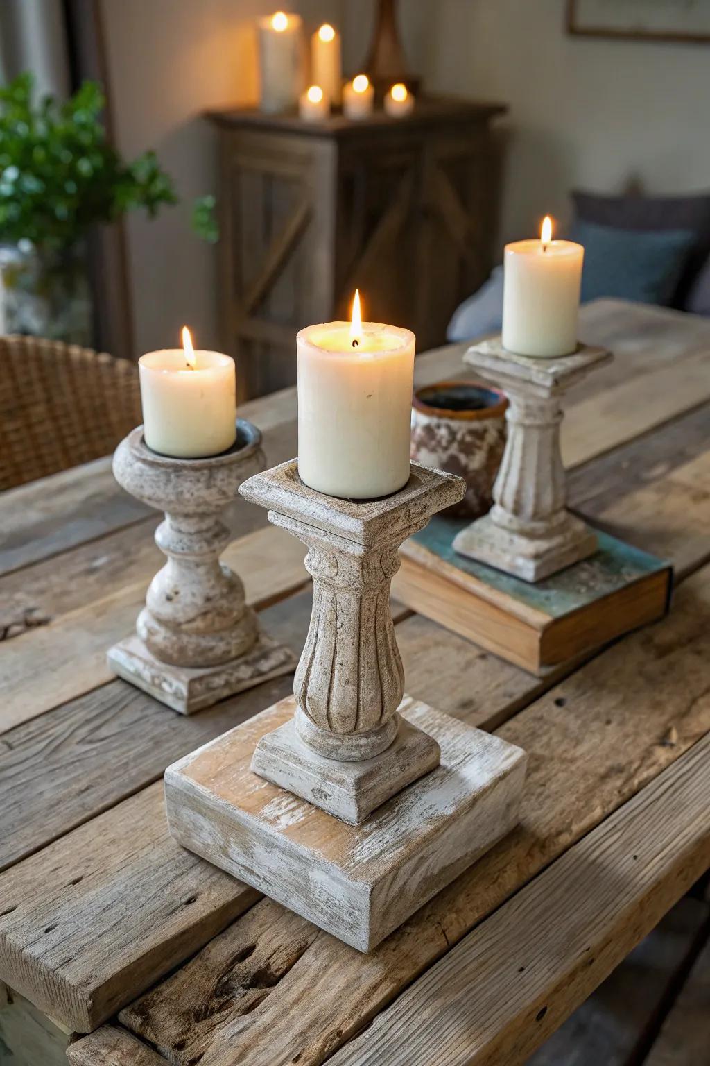 Reclaimed wood candle holders add a warm, rustic glow.