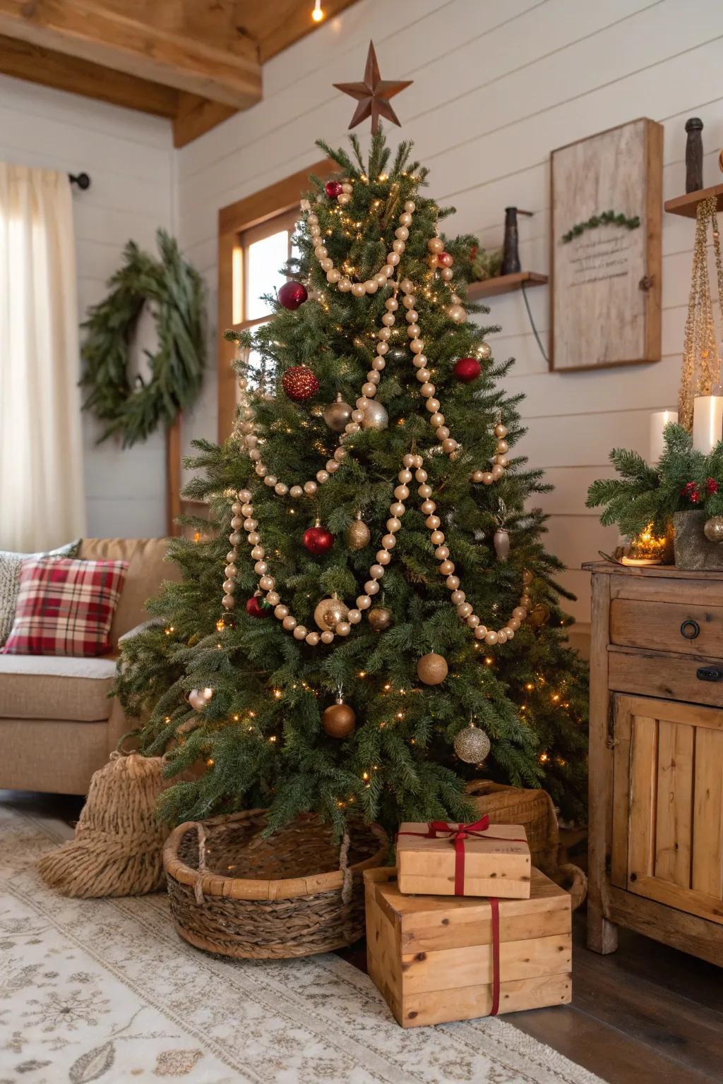 Wooden beads add a simple, rustic touch to this farmhouse Christmas tree.