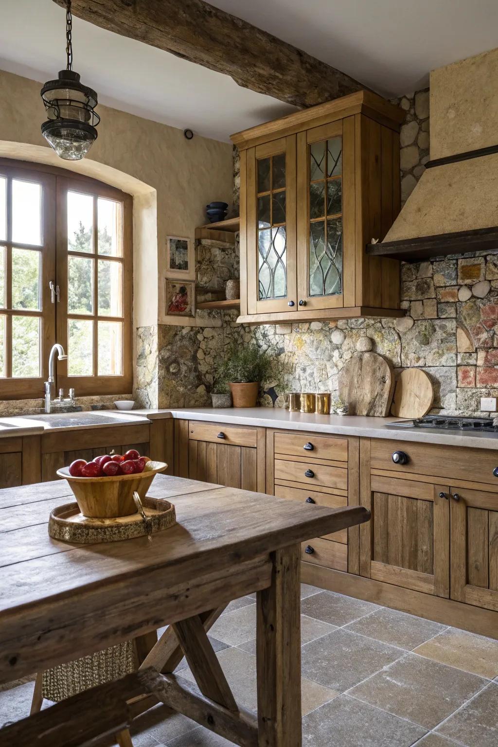 A farmhouse kitchen with a mixed material mosaic backsplash.