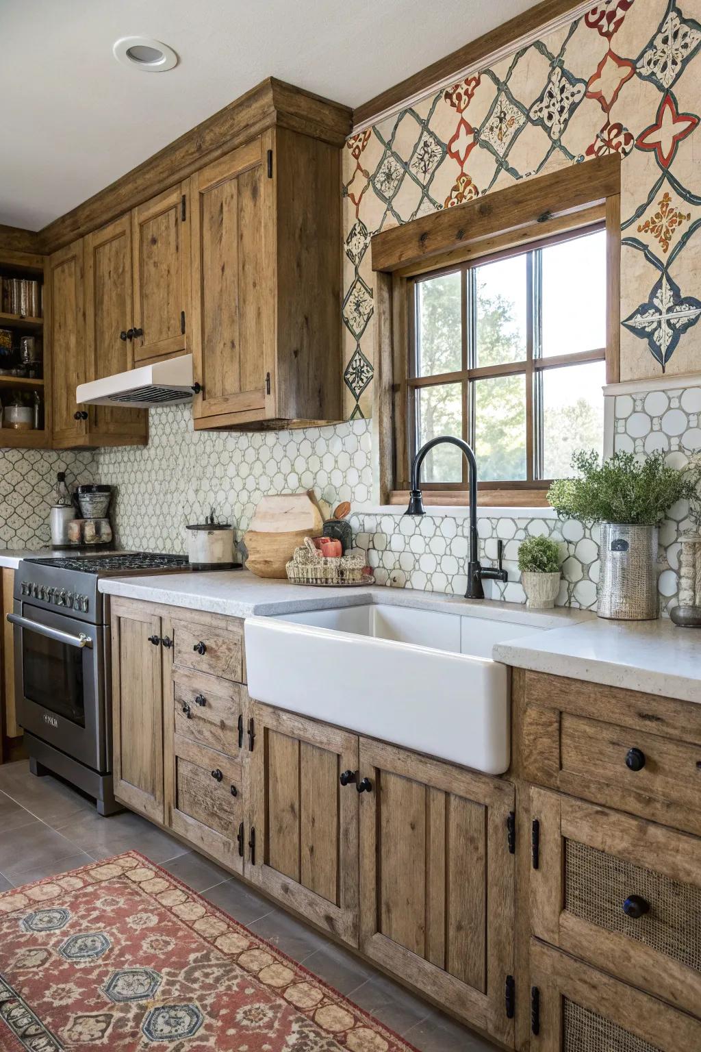 A farmhouse kitchen featuring a patterned tile backsplash.