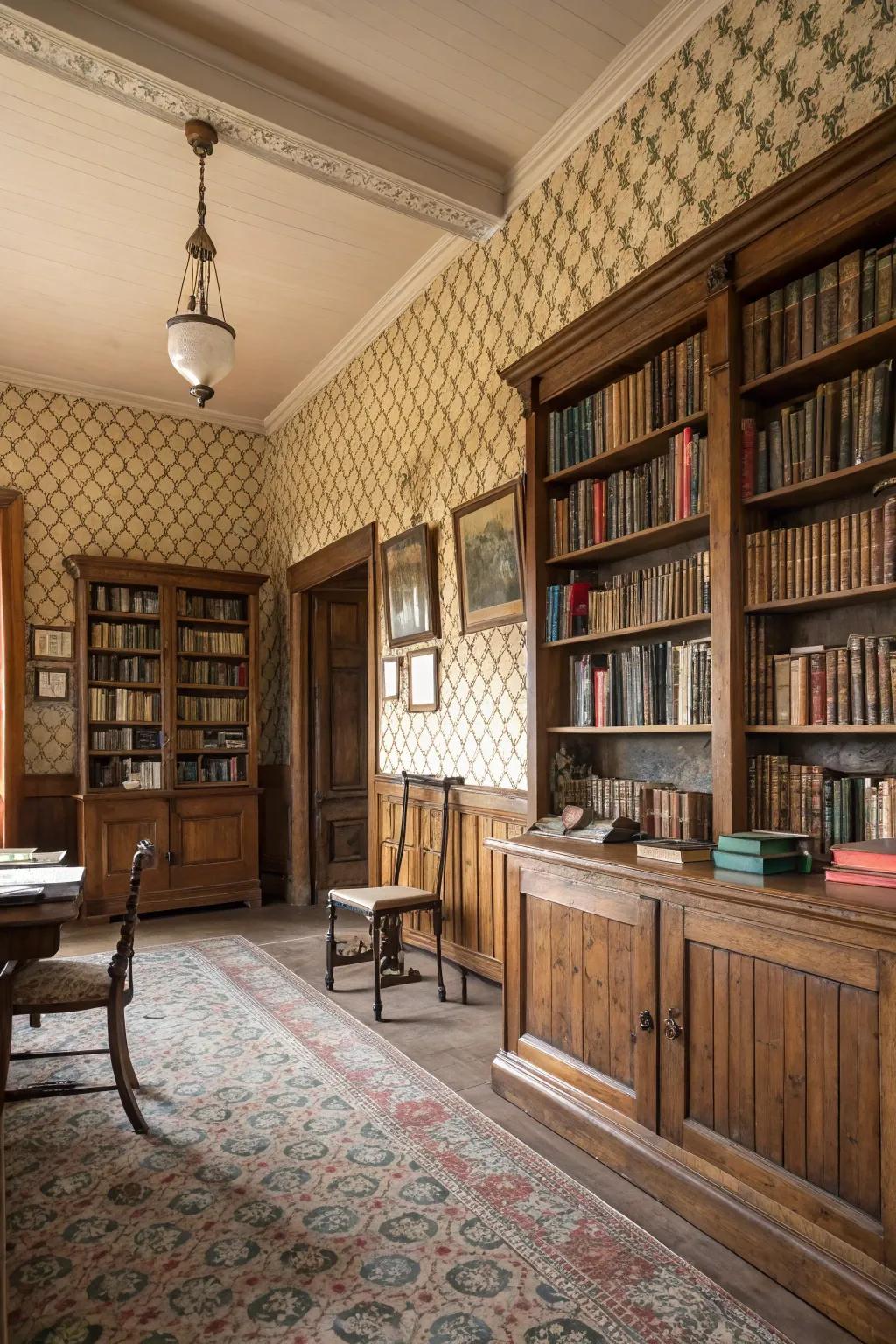 Textured wallpaper adds depth and interest to the library walls.