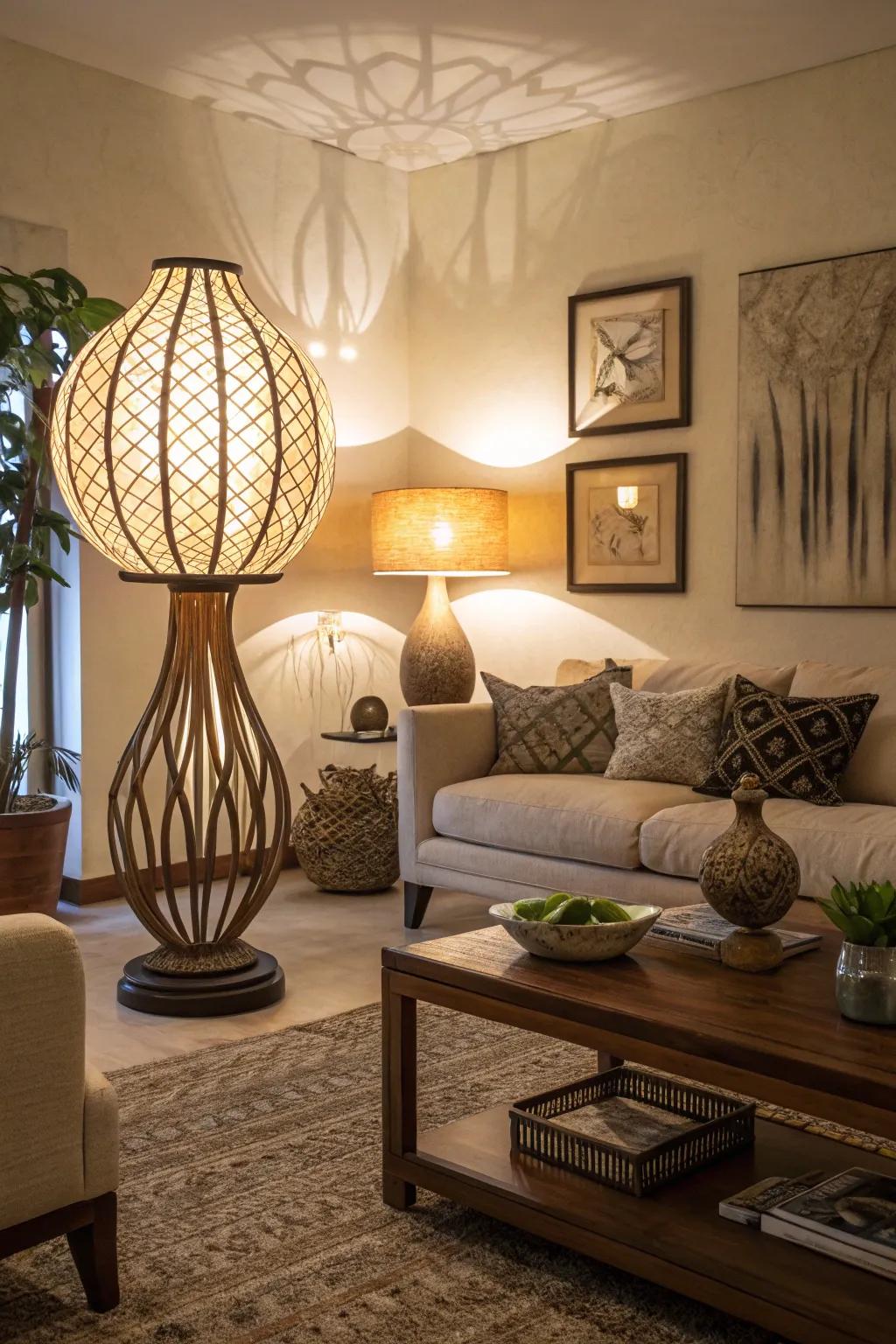 A living room featuring an artistic and sculptural lighting fixture.