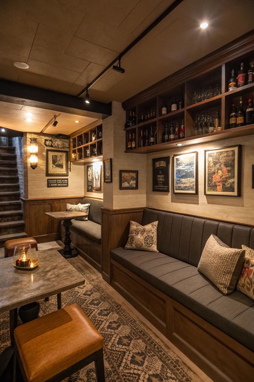 Get creative with nooks and crannies in your basement bar design.