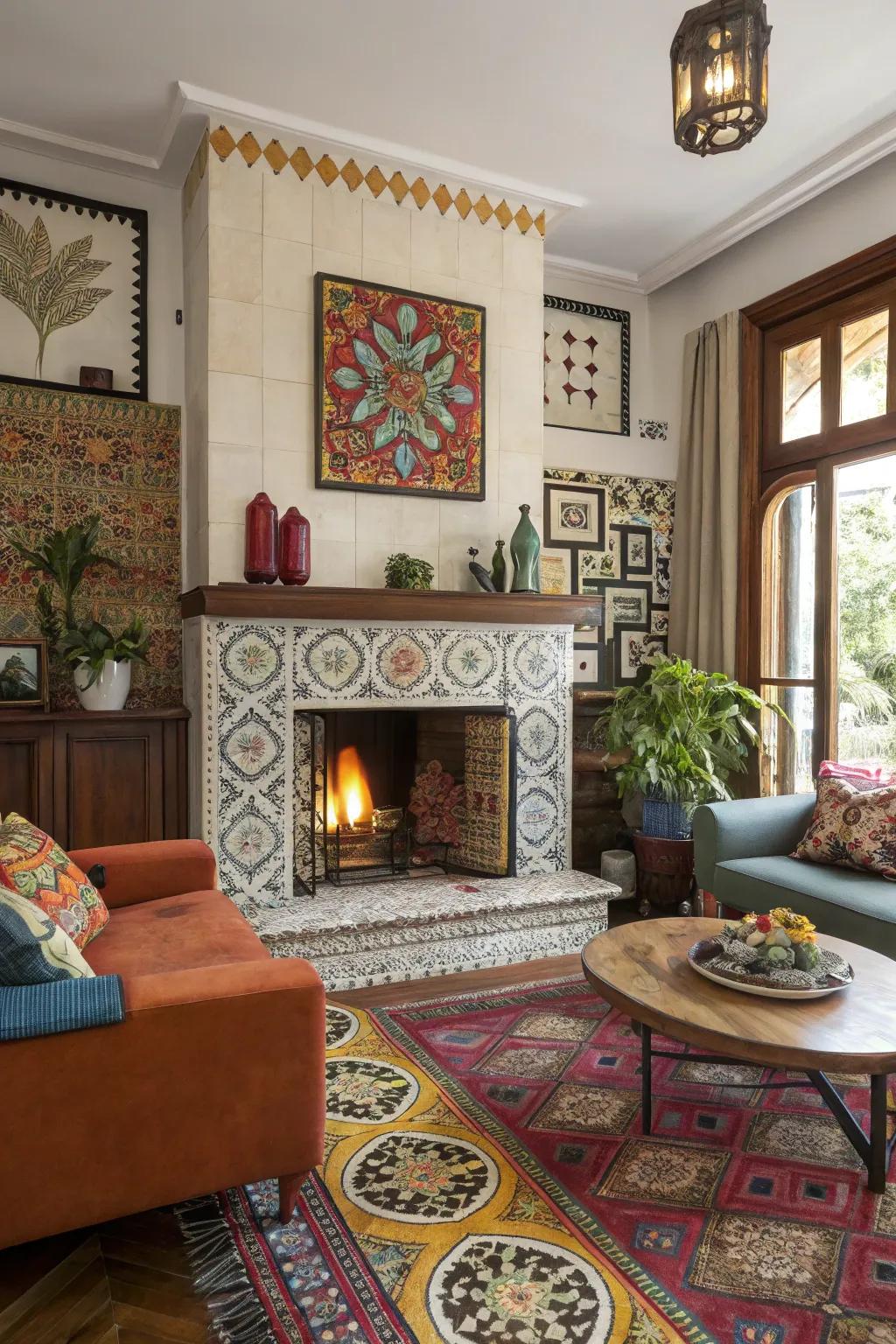 An artistic living room featuring a fireplace with eclectic patterned tiles.