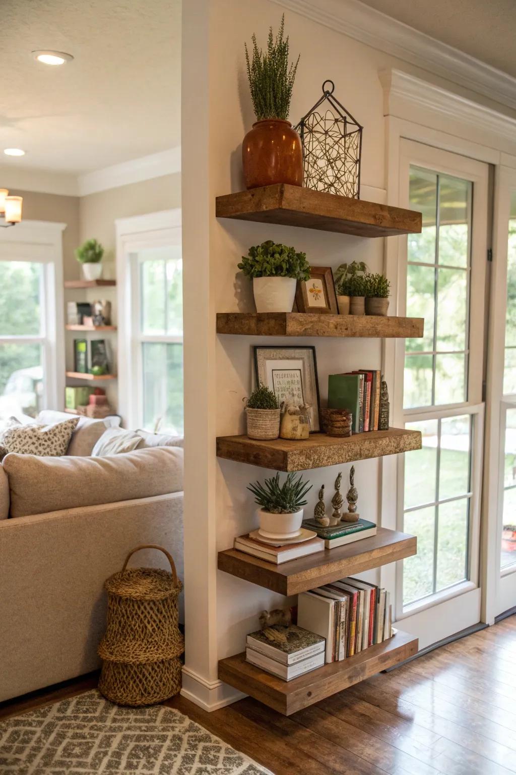 Corner floating shelves making use of every space