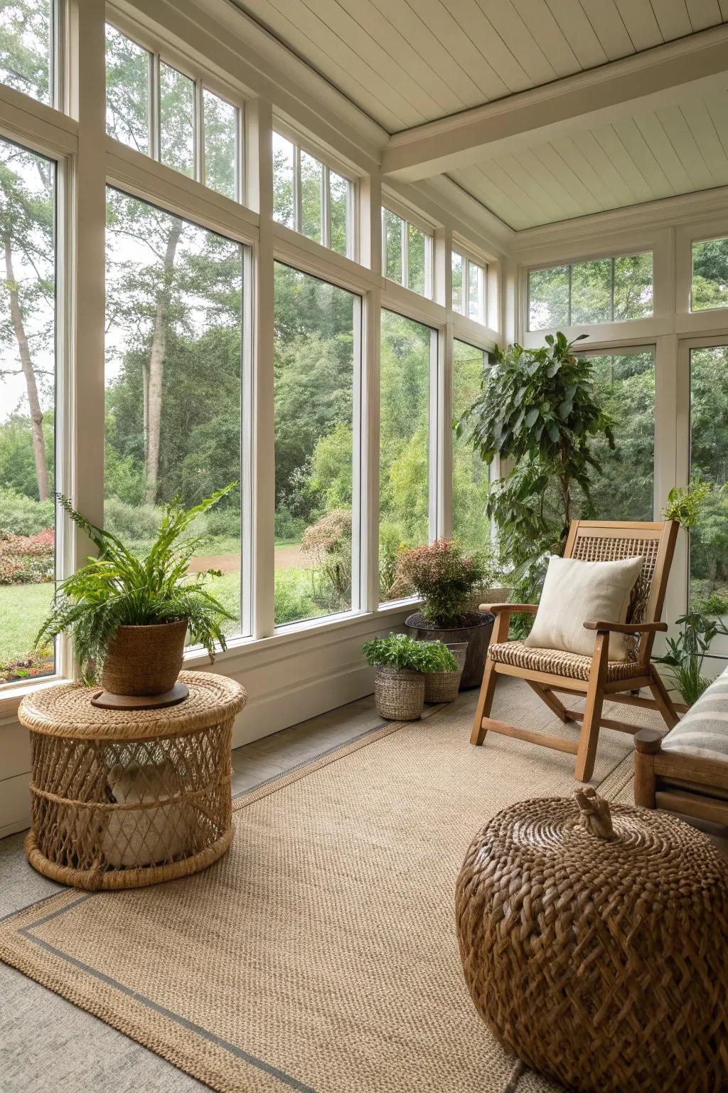 Seagrass flooring adds organic warmth and texture to this serene space.