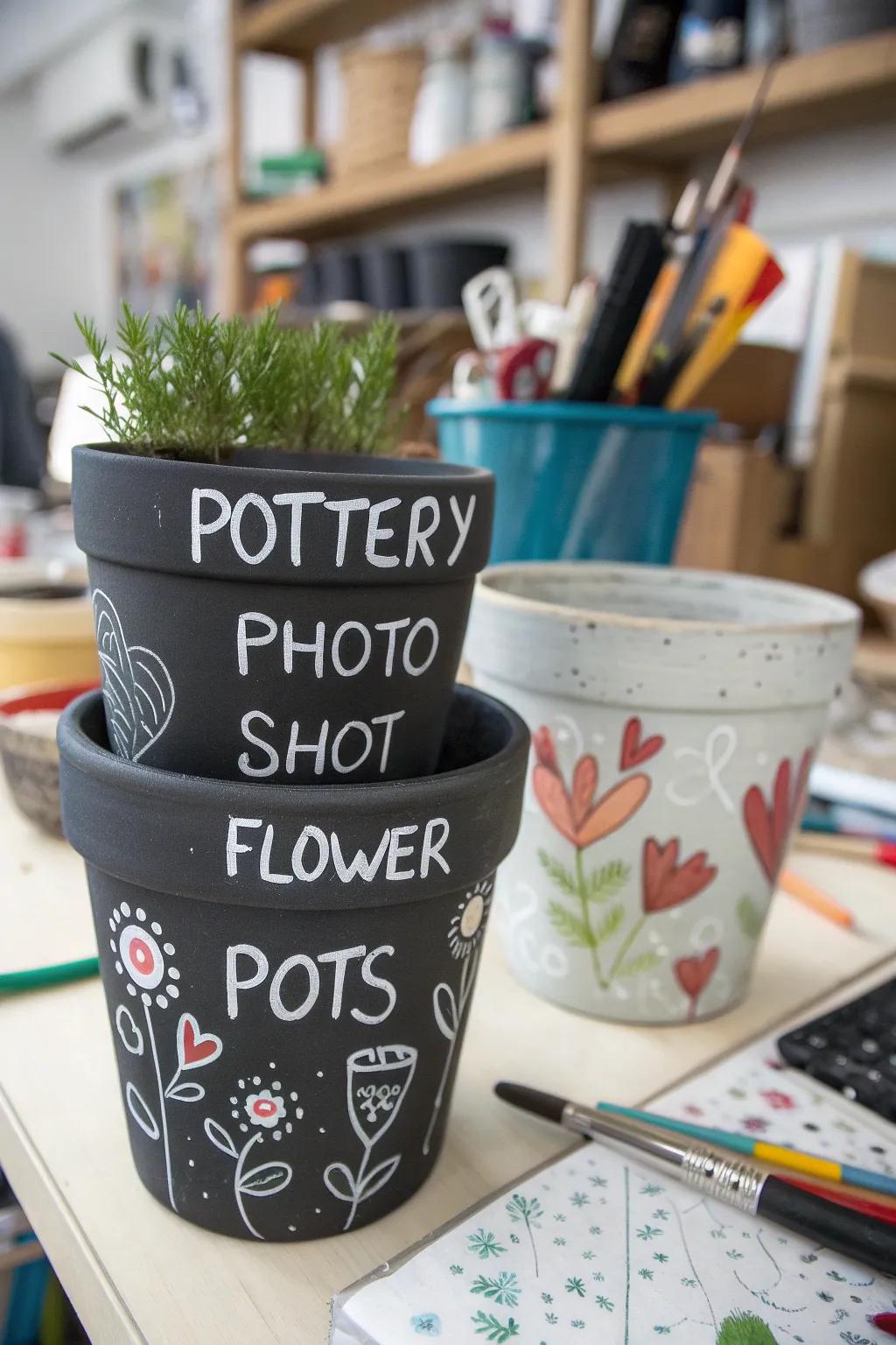 Enjoy versatility with chalkboard paint flower pots.