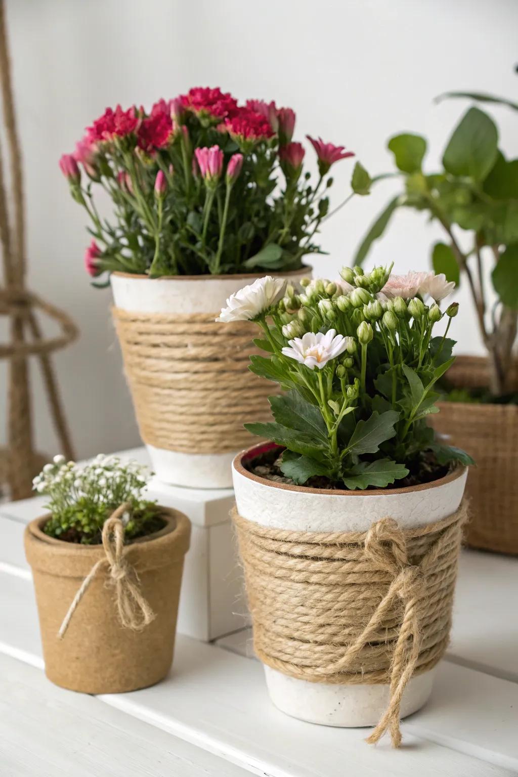 Jute-wrapped flower pots blending elegance with nature.