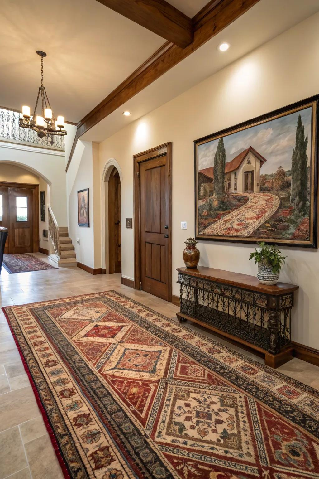 Cultural elements in a foyer enrich the space with history and personal stories.