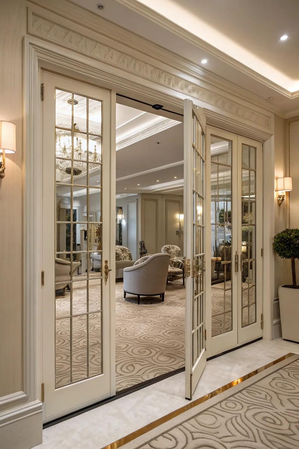 Mirrored French doors add glamour and light.