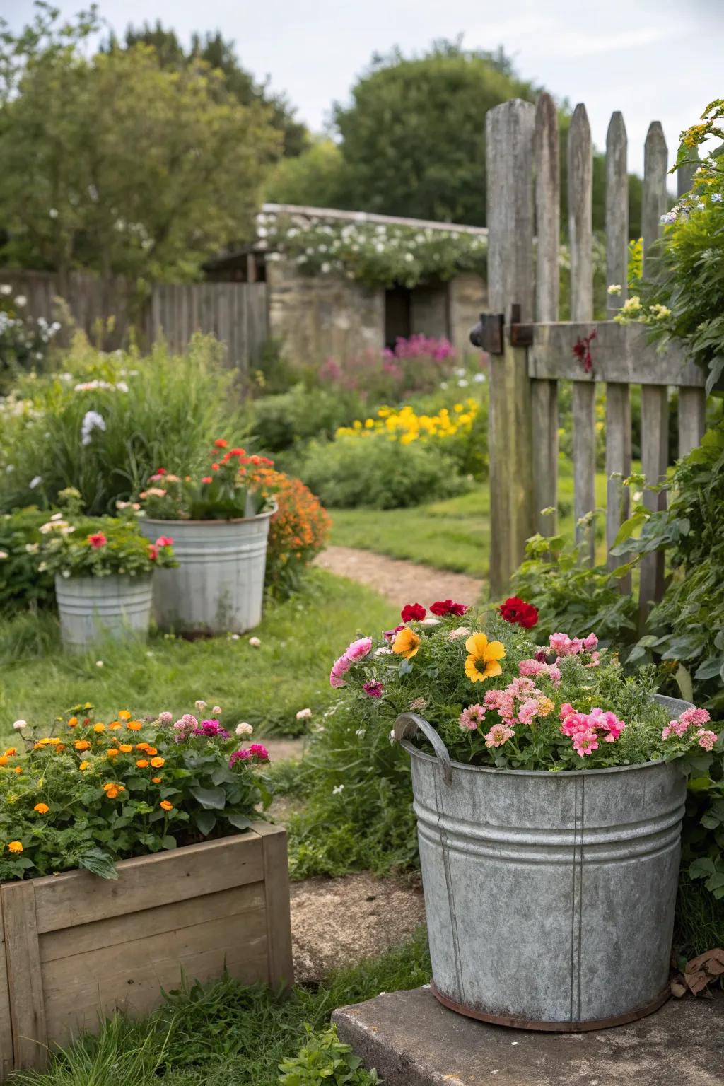 Vintage elements adding charm to the garden landscape.