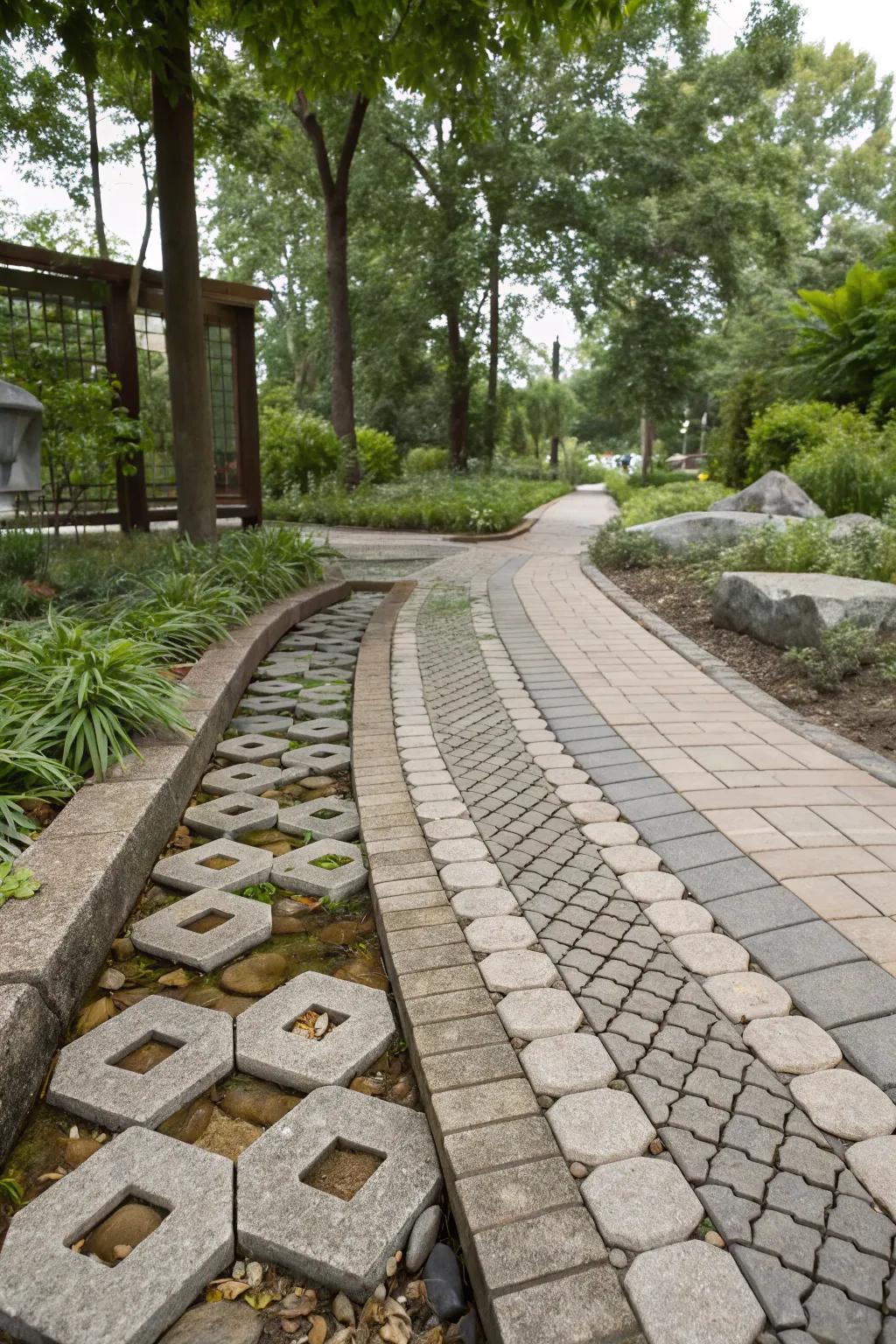 A sustainable walkway utilizing permeable pavers for eco-conscious design.