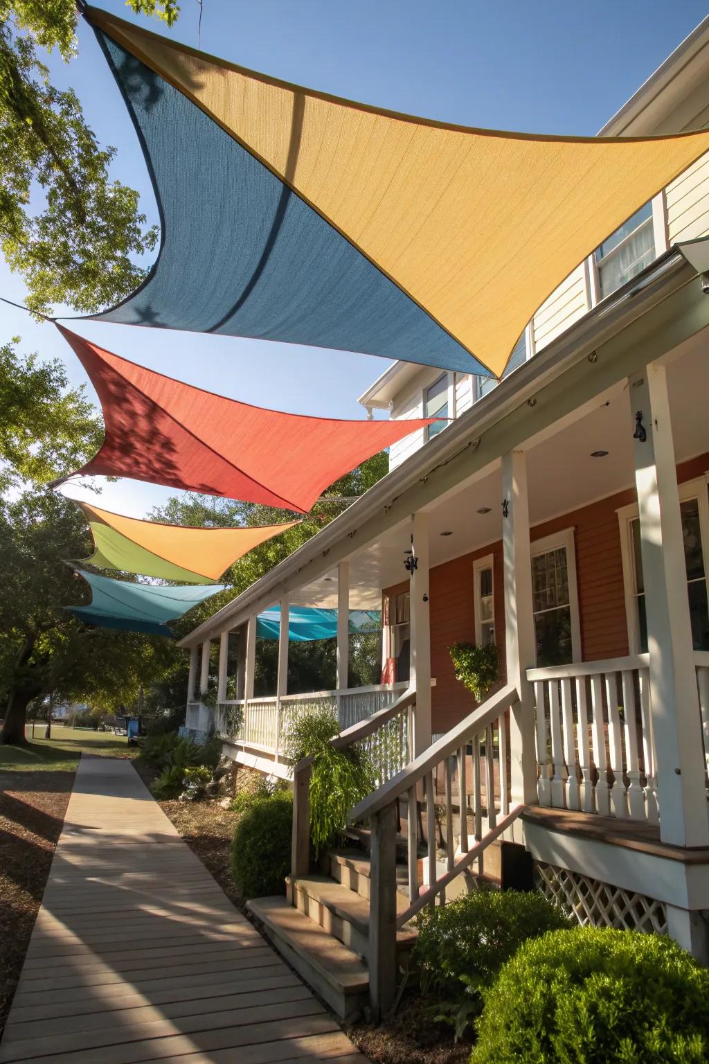 Layered sun sails creating a sculptural shade.