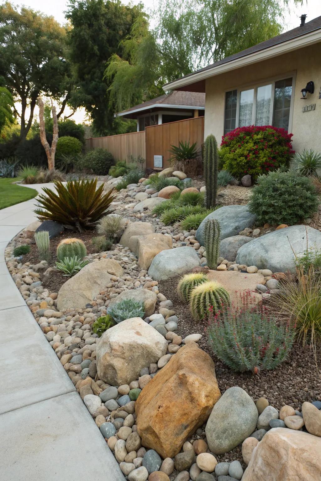 Rock gardens provide a low-maintenance and visually striking feature.