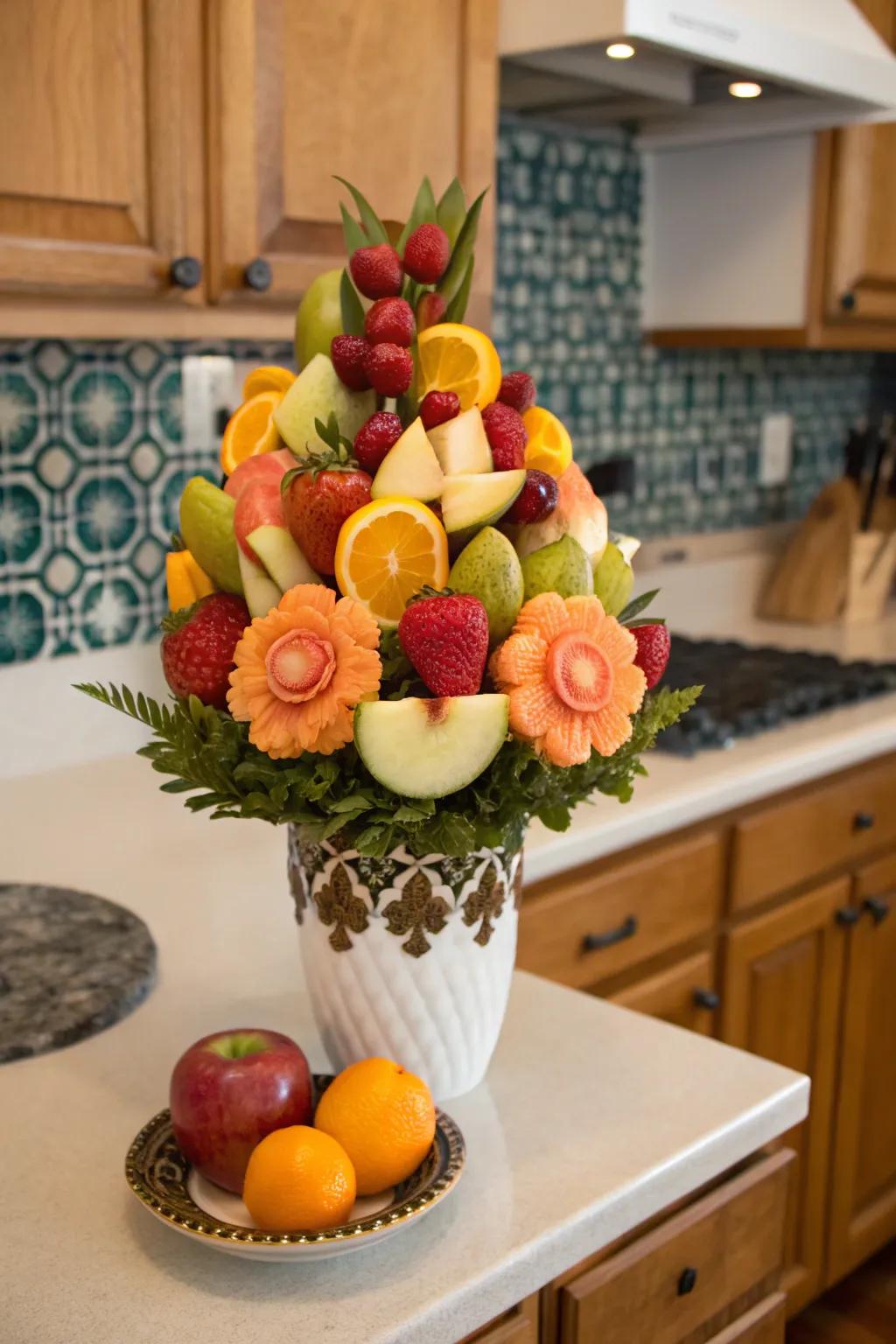 Fruit bouquets styled as flowers make for an edible and elegant decoration.