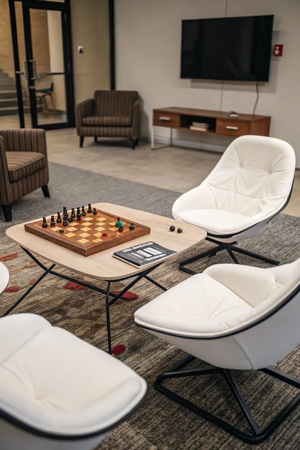 Minimalist floor chairs offer flexible seating for small game rooms.