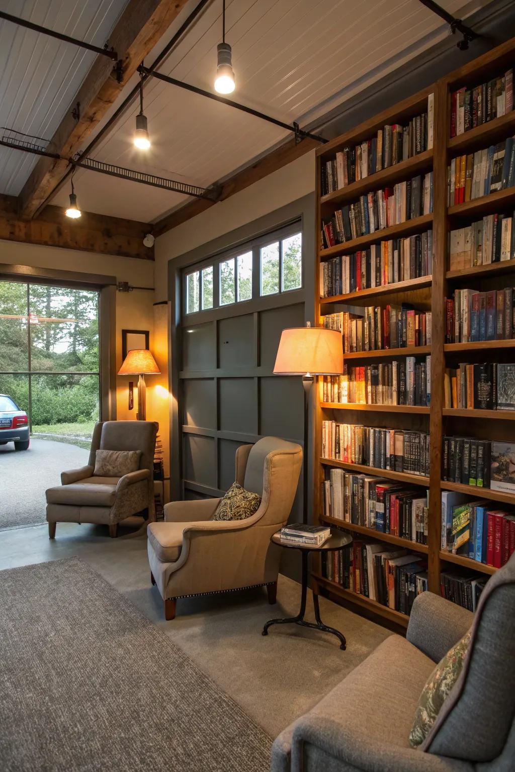 A serene library space created within a garage.