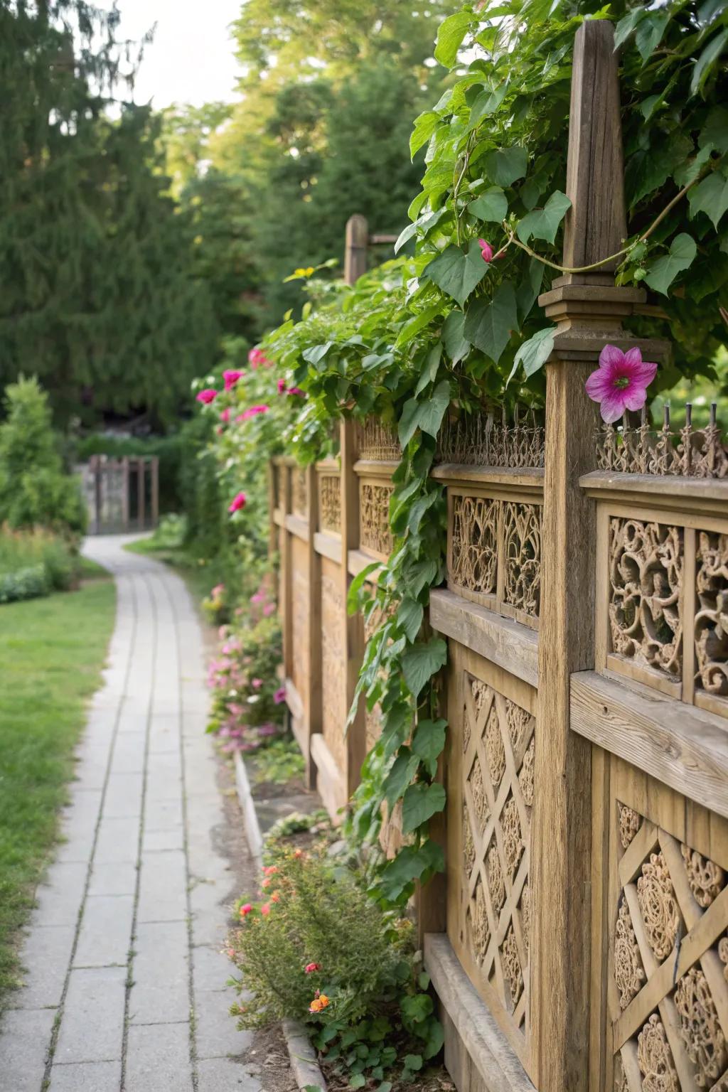 Decorative fence pieces offer elegance and support for garden plants.