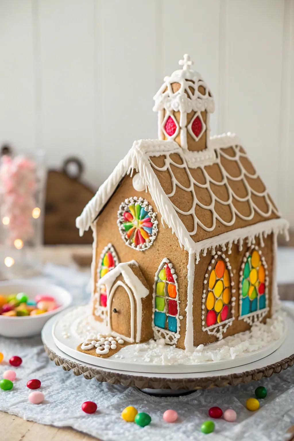 A serene gingerbread chapel with a touch of elegance.