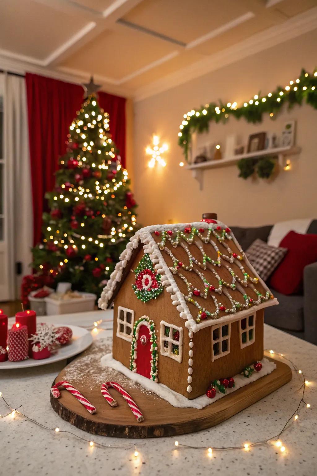 A gingerbread roof with candy holiday lights.